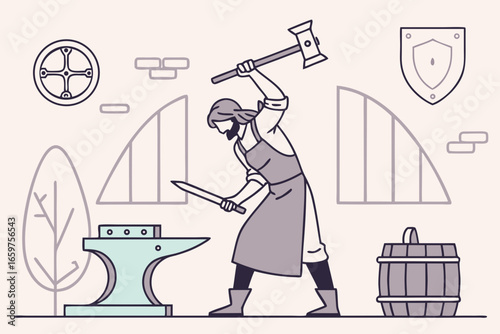 Blacksmith forging a sword on anvil