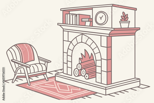 Illustration of a fireplace and chair