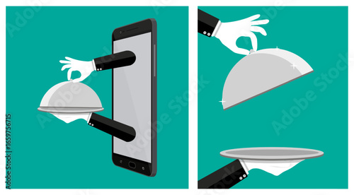 Butler hand appears from a phone holding a serving cloche, next to a detailed open cloche. Online ordering.