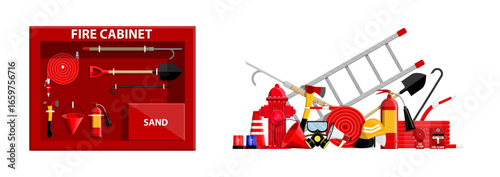 Fire cabinet with emergency equipment and a collection of rescue tools. Flat style vector illustration for safety and protection.