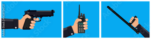 Man hand holding gun, walkie talkie radio, and police baton. Set of weapon illustration. Special forces equipment.