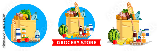 Set of shopping bags with various food in paper bags for grocery store. Fresh items, meat, milk, cheese, bread, vegetables, and fruit for healthy eating and market purchase concept.
