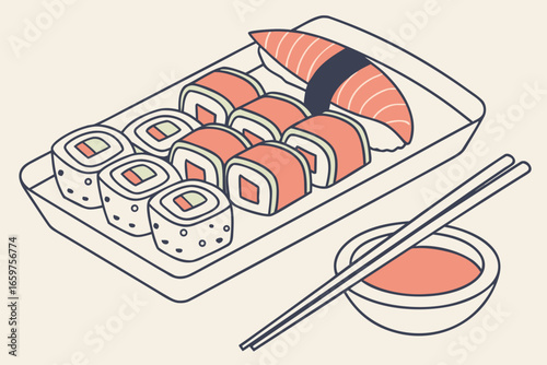 Sushi rolls and salmon sashimi with chopsticks and sauce illustration