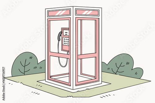 Pink telephone booth in a park, cartoon illustration