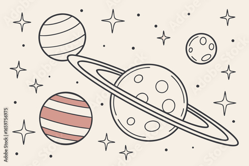 Planets and stars in space, cartoon illustration