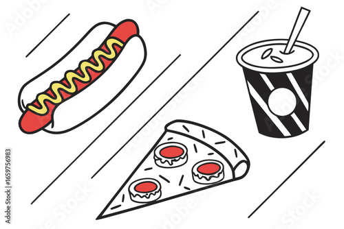 Illustration of hotdog, pizza slice, and soda