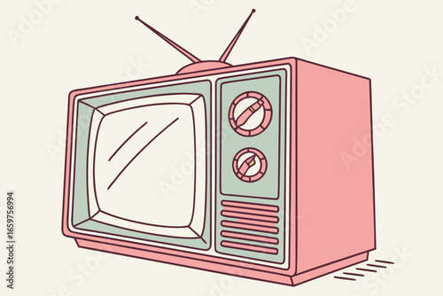 Illustration of a retro television set with antenna and knobs on white