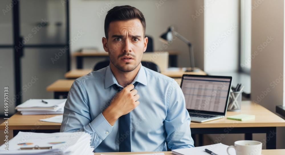 A man in a blue shirt and tie, sitting at a desk with a laptop and papers, looking at the camera with a concerned expression. A man in a blue shirt and tie, sitting at a desk with a laptop and papers, looking at the camera with a concerned expression.
