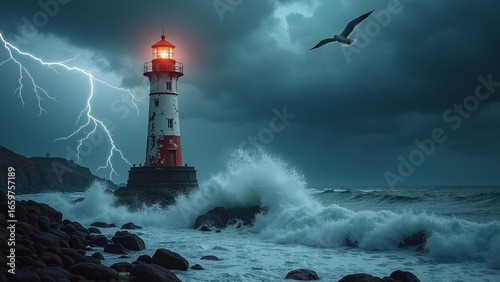 Storm-lit lighthouse standing firm against crashing waves and dark skies, capturing the resilience of nature during extreme weather for environmental awareness and education.