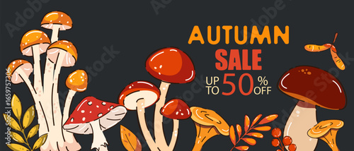 Autumn sale. Autumn banner with mushrooms, leaves, berries. Autumn discounts. Vector illustration.