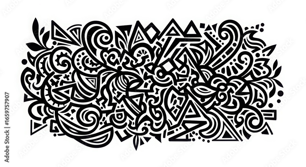 Fototapeta premium Intricate black and white abstract doodle art featuring swirls triangles and floral motifs