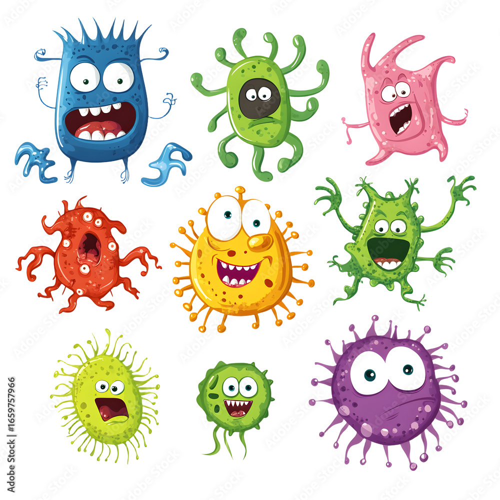 Obraz premium Vibrant Cartoon Germ Characters - Fun Isolated Design Element