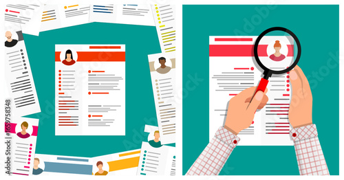 Woman working with cv applications. Hands holding magnifying glass. Recruitment interview and search for new candidates for job.