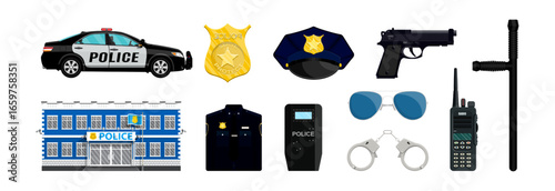 Police department building, car and uniform set. Police gear and equipment collection. Law, order and justice concept. Element for crime scene design.