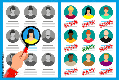 Hand with magnifying glass choosing woman from resume icons. Hiring and recruitment process. Human resource recruitment.