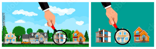 Hand searches for house with magnifier. Magnifying glass for real estate search. Home buying and selling, finding new home.