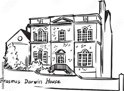 Ink sketch of Erasmus Darwin House in Lichfield England, Georgian style townhouse, museum and historic landmark, black and white architectural line illustration.