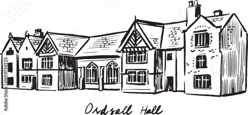 Ink sketch of Ordsall Hall in Salford England, Tudor style timber-framed manor house, black and white architectural line art illustration of historic landmark.