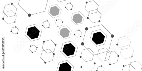 Abstract white background with 3D black, gray hexagons. Digital future technology concept. Scientific, technological molecular medical background. hexagon DNA network. hexagon, honeycomb, hexagonal