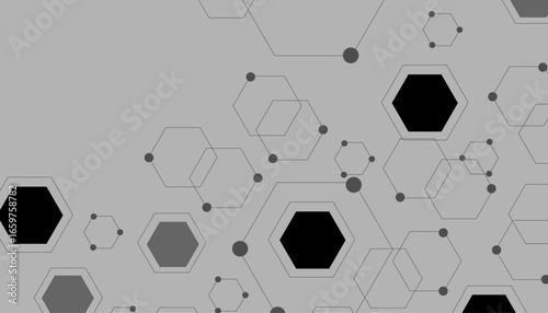 Abstract gray background with 3D black hexagons. Digital future technology concept. Scientific, technological molecular medical background. hexagon DNA network. hexagon, honeycomb, hexagonal