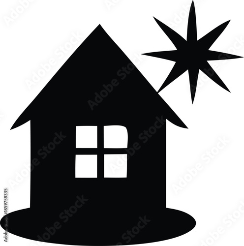 Simple silhouette of a house with a starburst sun icon symbolizing home comfort and radiant energy