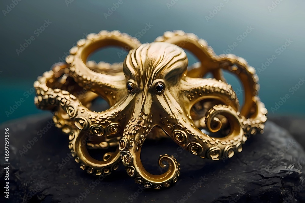Obraz premium Intricate golden octopus figurine resting on a dark stone surface Generative AI