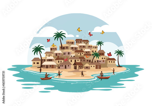 A vector illustration of a small, populated tropical island with a village, palm trees, and people in canoes on the water.