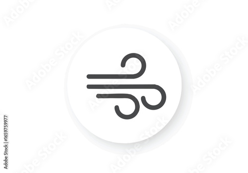 A minimalist gray line art icon symbolizing wind, air, and weather, set within a white circular button on a plain background.