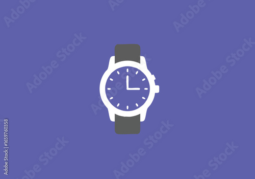 A minimalist flat design illustration of a classic analog wristwatch against a solid purple background.