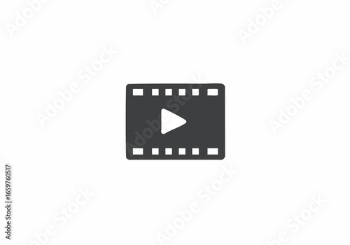 A simple dark gray film strip icon with a play button in the center, isolated on a white background.