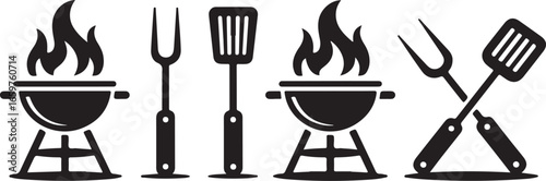BBQ grill icon set. Barbecue, bar-b-q, spatula, grill fork, picnic, fire - stock vector.