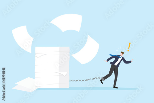 Work hard, busy and urgent assignment, overworked, exhausted or stressful responsibility concept. Businessman try to escape from document illustration flat vector.