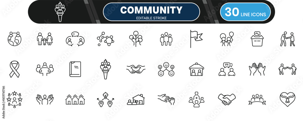 Naklejka premium Community stroke icon editable outline vector, teamwork people group unity connection society support network symbol for design