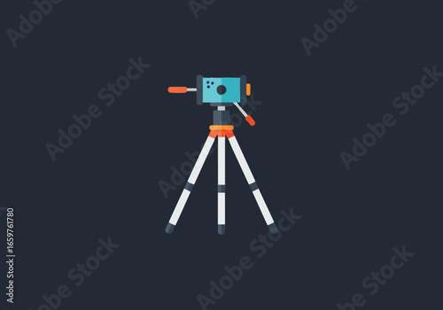 A modern, flat design illustration of a camera mounted on a tripod against a dark background.
