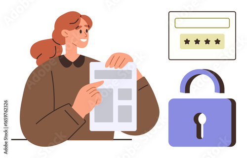 Woman holding a document, large lock symbol, and password entry field with star ratings. Ideal for security, privacy, authentication, technology, data protection, user experience simple flat metaphor