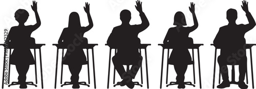 Children raising hands in classroom silhouette