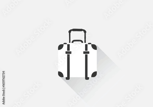 A minimalist flat design icon of a white rolling suitcase with a long shadow on a light gray background.