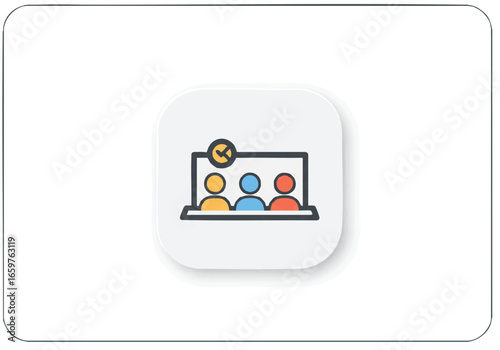 Modern flat icon of a successful online team meeting on a laptop with a time confirmation symbol.