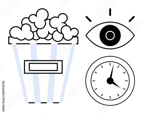 Popcorn bucket, eye, and clock suggest movie time, entertainment, leisure, and schedules. Ideal for cinema, scheduling relaxation food creative storytelling and media concepts. Simple flat
