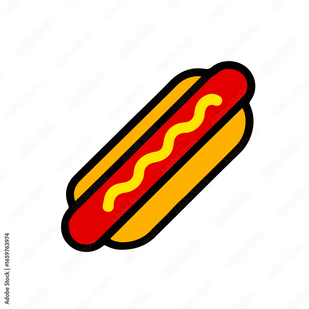 Hot dog icon with sausage and mustard in a bun. Great for fast food, street food, junk food illustration, restaurant menu, and snack design. Hot dog icon with sausage and mustard in a bun. Great for fast food, street food, junk food illustration, restaurant menu, and snack design.