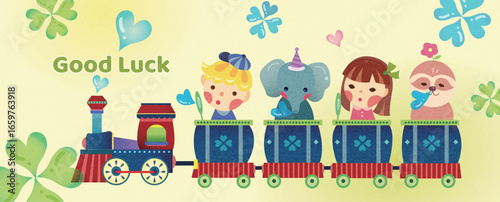 Children and animals driving a clover train and blowing bubbles for good luck!