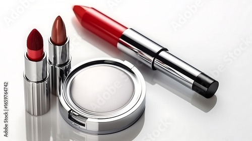 A high-end red lipstick, a silver compact with highlighter, and a set of luxurious makeup brushes resting on a pristine white surface, with sharp shadows. Full frame .