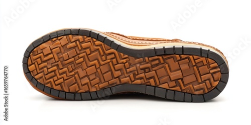 A top-down view of a brown leather shoe with a distinctive, intricate zigzag pattern on the sole. The sole is a dark brown color with a thick, rubbery tread around the edges. 