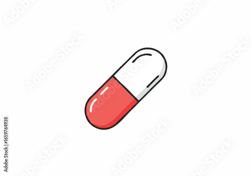 A simple vector illustration of a red and white pharmaceutical capsule pill isolated on a plain white background.