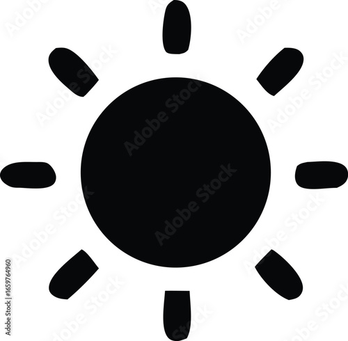 Simple black sun icon with rays graphic symbol representing daylight heat energy solar power celestial body celestial object warmth summer season brightness shine.