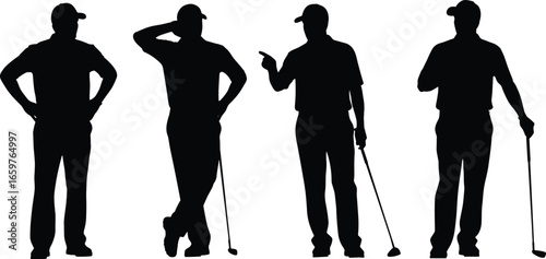 Golfers silhouette vector, standing poses with golf club, sports gesture illustration, athlete in cap, outdoor activity concept, golf stance artwork, casual style