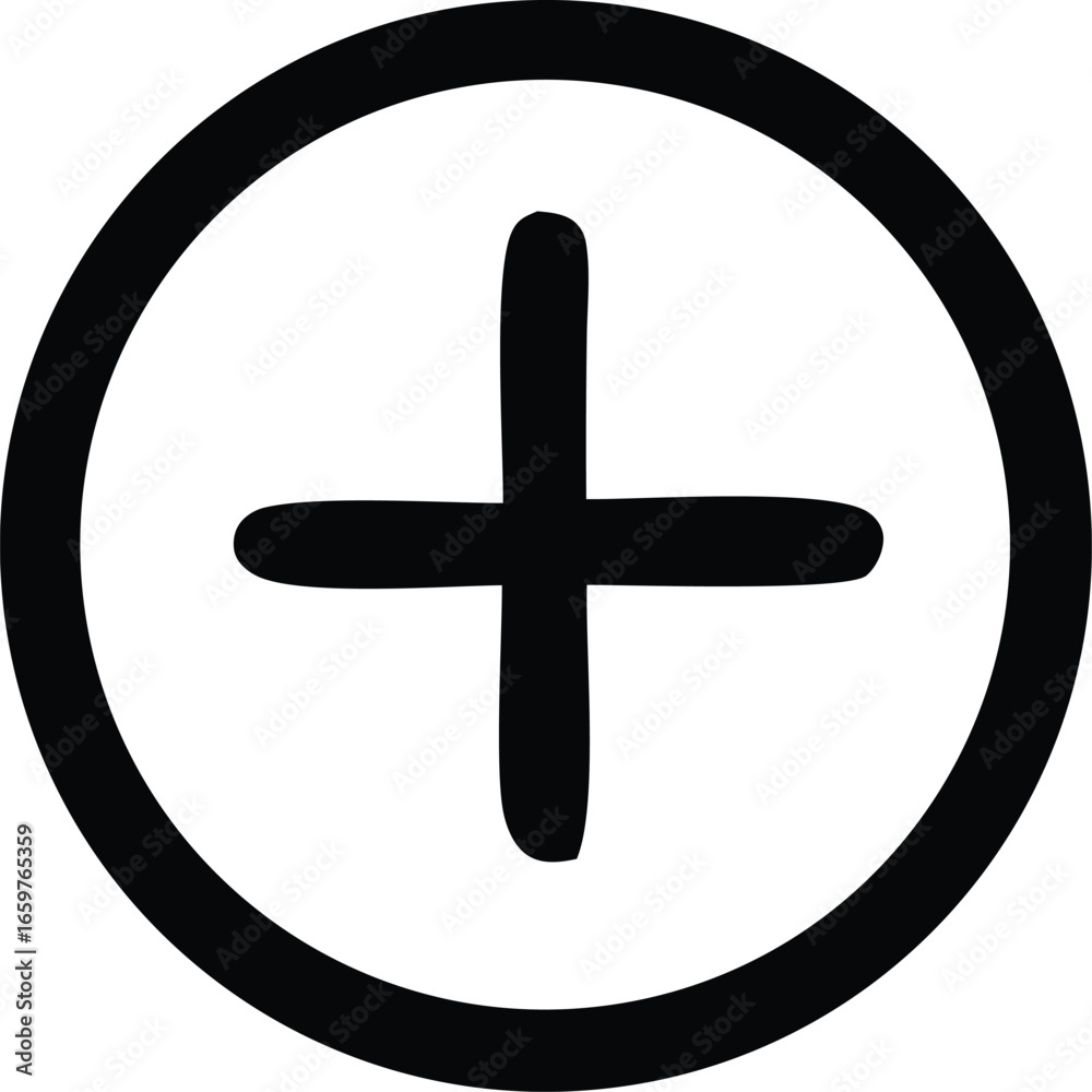 Obraz premium Simple hand-drawn circle with a bold plus sign inside minimalist symbol icon representing addition or new entry basic graphic design element