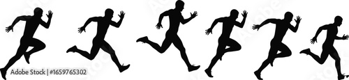 Running silhouette vector set, athletic stride sequence, sprinting motion phases, human movement illustration, sports training graphic, black isolated figures, fitness concept