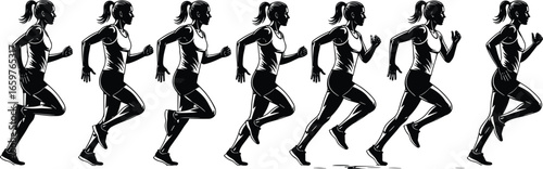 Female running silhouette sequence, athletic motion stages, sports biomechanics illustration, fitness stride vector, workout posture graphic, black isolated design