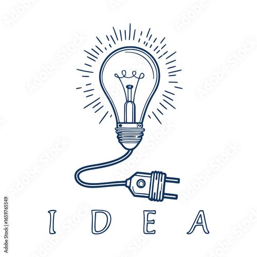 Blue ink drawing of a lightbulb with rays and a plug idea concept